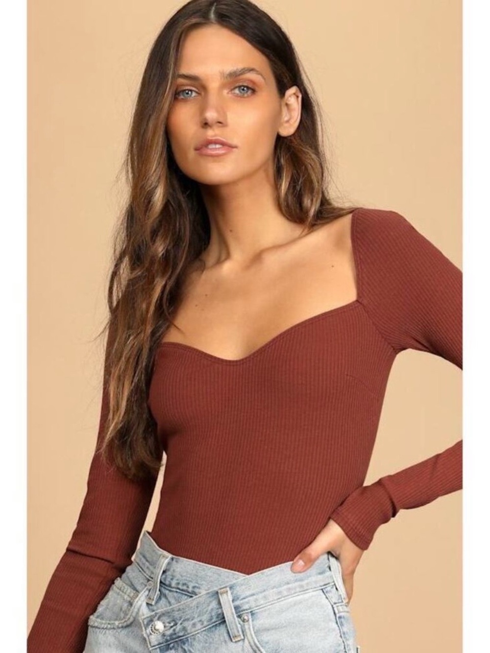 Lulu's Ribbed Tie-Back Bodysuit in Rust